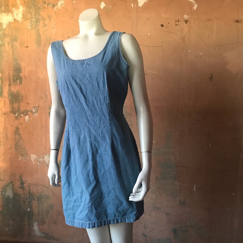 Vintage 90s denim mini jumper fitted dress zipper